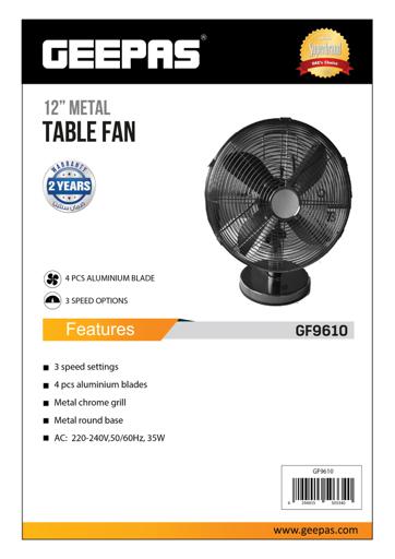 display image 10 for product Geepas GF9610 12-Inch Metal Table Fan - 3 Speed Settings with Wide Oscillation with Stable Base | Ideal for Desk Fan, Home or Office Use | 2 Year Warranty