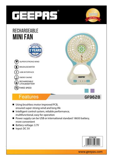 display image 3 for product Geepas Rechargeable Mini Fan