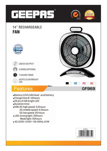 display image 12 for product Geepas GF969-OR 14'' Rechargeable Fan - Personal Portable Fan with 20Pcs Bright LED Light & 3-Speed Electric USB Travel Fan for Office, Home and Travel Use