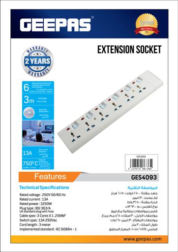 display image 7 for product Geepas 6 Way Extension Socket 13A - Extension Strip with 6 Led Indicators with Power Switches | 3 Meter Cord| Ideal for All Electronic Devices | 2 Years Warranty