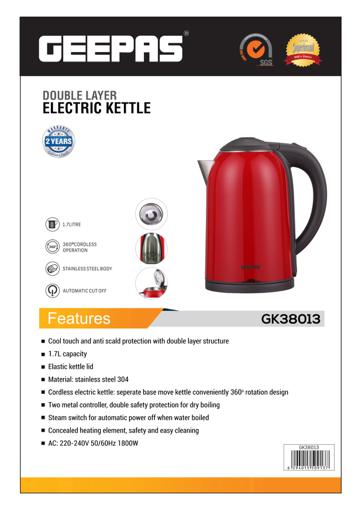 display image 9 for product Geepas 2 Layer Electric Kettle 1.7L 1800W - Stainless Steel, Cordless Water Tea Kettle