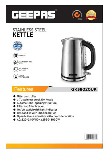 display image 1 for product 1.7L Electric Kettle - 3000W Cordless Fast Boil Quiet for General Use, Stainless Steel Body, Otter Controller - 2 Year Warranty