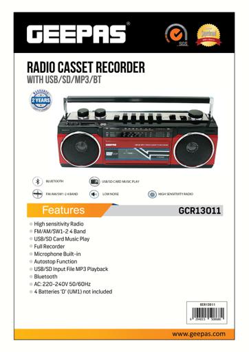 display image 8 for product Geepas Radio Casset Recorder - Portable Speakers with USB, SD Slots, MP3 & BT | Built-in Microphone with Recording | Auto stop Function | 2 Years Warranty