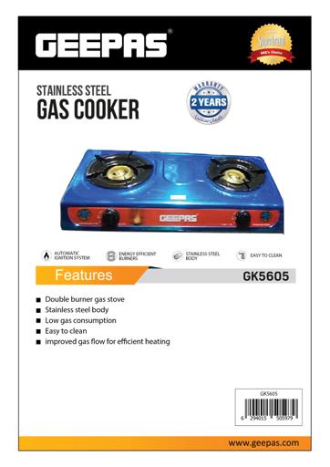 display image 7 for product Stainless Steel Gas Stove with Automatic Ignition System & Energy Efficient Burners  GK5605 Geepas