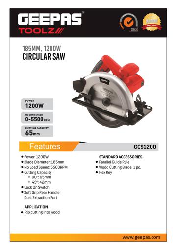 display image 7 for product Geepas 1200W Circular Saw 185mm - Multi-Purpose  Blade 65mm Cutting Depth,Depth & Angle Adjustment | Ideal for Wood, Mild Steel, Plastic & More