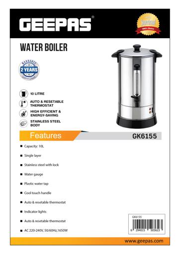 display image 7 for product Geepas 10L Water Boiler 1650W - Auto & Reset Thermostat with High Energy Efficient | Stainless Steel Body | Perfect for Hotels, Home, Hospitals | 2 Years Warranty