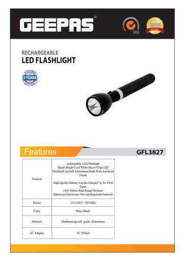 display image 12 for product Geepas GFL3827 Rechargeable LED Flashlight -  Portable & Lightweight | Built-in 2000mAh Battery | 1800M Distance Range | Ideal for Indoor & Outdoor Activities