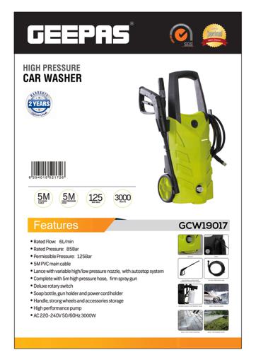 display image 8 for product Geepas GCW19017 Pressure Car Washer - Electric Washer with Spray Gun, Hose with High/Low Pressure, Soap Bottle | Ideal for Washing Car, Bike, Floor & More