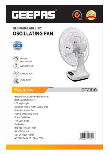display image 12 for product Geepas GF21118 12'' Rechargeable Fan - 2 Speed Settings with 6 Hours Continuous Working & 24 Hours LED Light | 5000 Mah Battery | Ideal for Office, Home & Outdoor Use