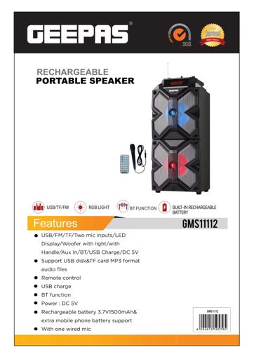 display image 14 for product Geepas GMS11112 Rechargeable Portable Speaker - 2600 mAh Battery Powered Speaker with Bluetooth, Microphone & Cable, USB Charging for Smartphones & Tablets