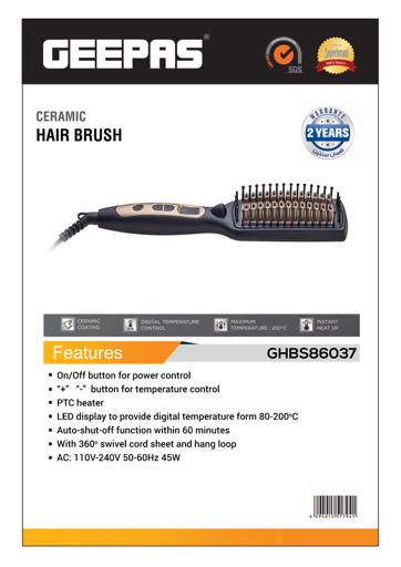 display image 10 for product Geepas GHBS86037 Ceramic  Hair Brush 45W - Temperature Control with Led Display | 60 Minutes Auto Shut-off | Perfect for Smooth Hair Massage & Styling