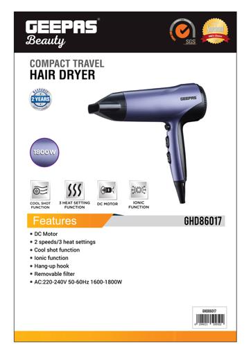 display image 13 for product Compact Travel Hair Dryer, Cool Shot Function, GHD86017 | 3 Heat & 2 Speed Settings | Removable Filter | Hang Up Hook | 1800W Portable Ionic Fast Drying Blower