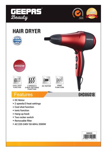 display image 10 for product Geepas GHD86018 2000W Powerful Hair Dryer - 2-Speed & 3 Temperature Settings - Cool Shot Function for Frizz Free Shine - Portable Hair Dryer with Ionic Function