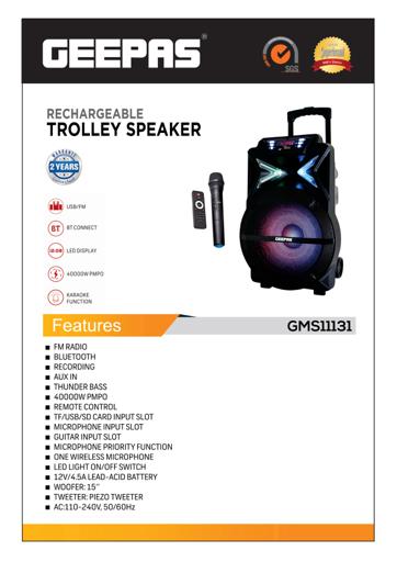 display image 6 for product Geepas GMS11131 Rechargeable Trolley Bluetooth Speaker - Wireless Microphones, Rechargeable Battery |Karaoke DJ Speaker |Trolley Handle, USB & Auxiliary Inputs