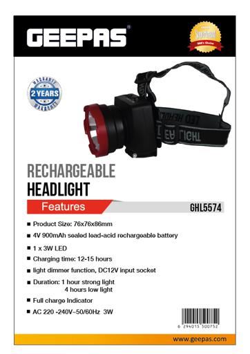 display image 9 for product Geepas GHL5574 Rechargeable LED Head Torch - Super Bright Led 3W, Rechargeable Battery 900mAh | Perfect Construction Site, Campaigning, Hiking, Climbing 