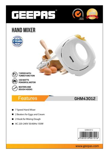 display image 6 for product Hand Mixer - 150W with 7 Speed | Professional Electric Handheld Food Processor - Geepas 