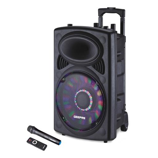 Geepas GMS8519 12-Inch Trolley Bluetooth Speaker - Wireless Microphones, LED Lights| Portable with Trolley Handle, USB & Auxiliary Inputs|   Years Warranty hero image