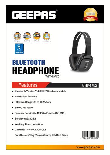 display image 17 for product Geepas GHP4702 Wireless Bluetooth Headphones - Hands-Free Calling, Hi-Fi Mega Bass Stereo adjustable headband & Built-in Mic | Connect Smart Phone/Tablets/Laptop