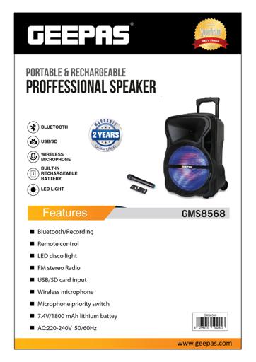 display image 18 for product Geepas GMS8568 Portable & Rechargeable Speaker - Wireless Microphones, 1800mAh Battery| Karaoke DJ Speaker & LED Lights |Portable Speaker |Trolley Handle