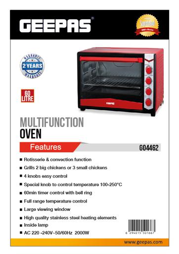 Mini Oven with Rotisserie & Convection 60L Electric 2000W & 60 Minutes  Timer