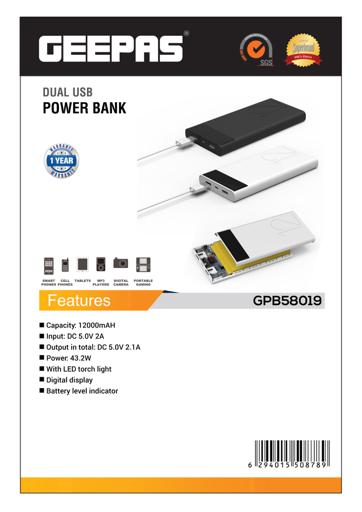display image 8 for product Geepas GPB58019 Dual USB Power Bank - 12000mAh| Digital Display|Ultra Slim Battery Pack Compatible with iPhone, Huawei, Samsung, Google Pixel and More