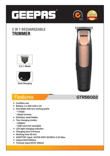 display image 8 for product Portable Design Stainlees steel Blade 2 In 1 Rechargeable Trimmer GTR56022 Geepas