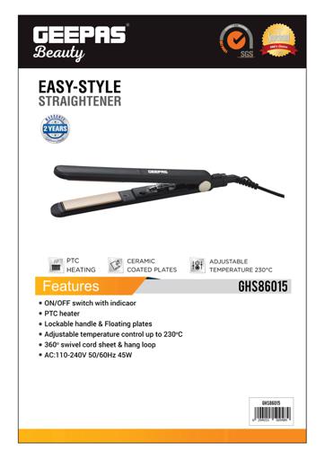 display image 9 for product Geepas GHS86015 45W Ceramic Hair Straighteners - Pro-Slim Hair Straightener | Max Temperature 230C | LED Indicator, 360° Swivel Cord & Lockable Handle 