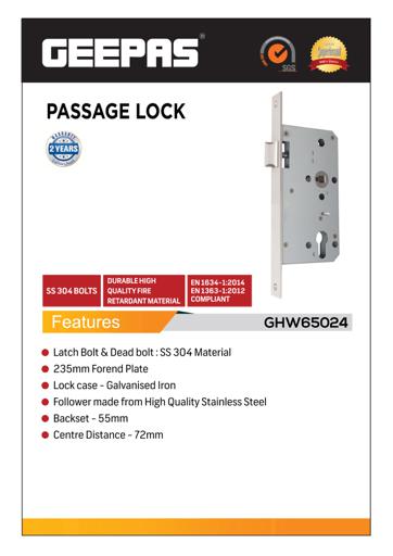 display image 3 for product Geepas GHW65024 Stainless Steel Passage Lock - 72mm SS 304 Bolts | Latch Bolt & Dead Bolt | Retardant Material | 235mm Forend Plate | 2 Years Warranty