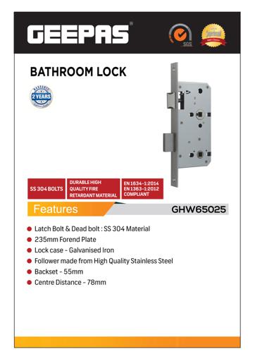 display image 3 for product Geepas GHW65025 Stainless Steel Bathroom Lock - SS 304 Bolts | Latch Bolt & Dead Bolt | | Retardant Material | 235mm Forend Plate | 2 Years Warranty