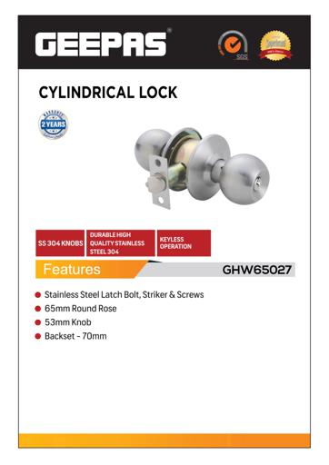 display image 3 for product Geepas GHW65027 Stainless Steel Cylindrical Lock - Security Lock | 53 mm 304 Stainless Steel Knobs with Latch Bolt, Stricker & Screws with Keyless Operation 