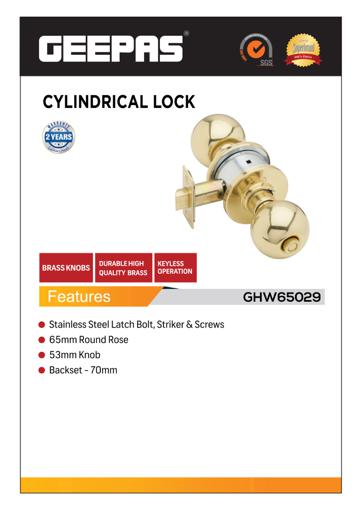 display image 3 for product Geepas Stainless Steel Cylindrical Lock Gold Plated - Security Lock | 53mm 304 Stainless Steel Knobs with Latch Bolt, Stricker & Screws with Key Operation 