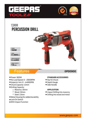 display image 9 for product Geepas GPD0900 13mm Percussion Drill - 900W, Drill Masonry, Brick, Metal, Wood & More |13mm Chuck Capacity| Lock-On Switch, Depth Gauge with Impact Function
