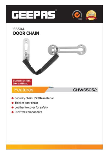 display image 4 for product Geepas GHW65052 Door Chain – Stainless Steel Latch Gate, Door Lock with Anti-Theft Chain & Leather Cover | Child Safe | Ideal for Home, Office Front Door