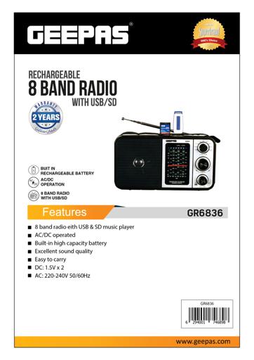 display image 11 for product Geepas Rechargeable Radio - BT/USB/SD /MP3 Music Player | Bluetooth Speaker | Lightweight FM Radio, 8 Band Radio | Stylish Retro Design | 2 Year warranty