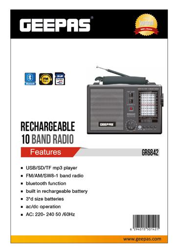 display image 18 for product Geepas GR6842 Rechargeable Radio - BT/USB/SD /TF Music Player | Bluetooth Speaker | Lightweight Portable FM Radio | 10 Band Radio  | Stylish Retro Design