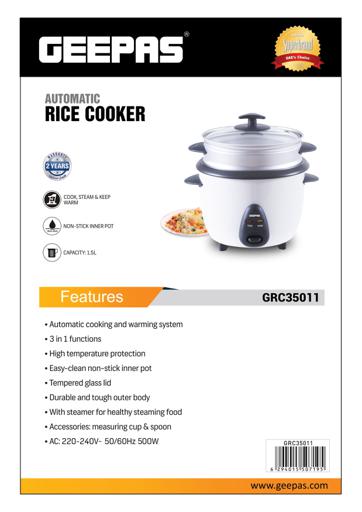 display image 10 for product Geepas GRC35011 1.5L  Automatic Rice Cooker 500W - Steam Vent Lid & Simple One Touch Operation |Make Rice, Steam Healthy Food & Vegetables | 2 Year Warranty