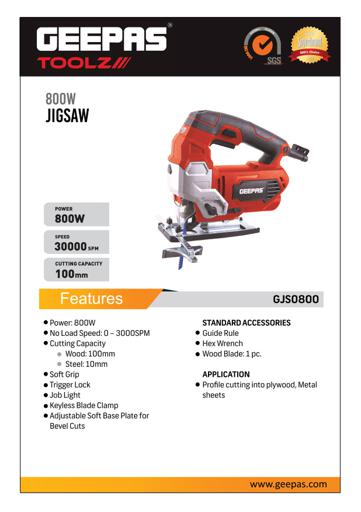 display image 7 for product Geepas GJS0800 Jigsaw -  0-3000SPM Cutting in Wood 100mm Metal, 10mm | Multi-Functional Cutter Variable Speed Dial (0-3) Cutting Angle & Trigger Lock