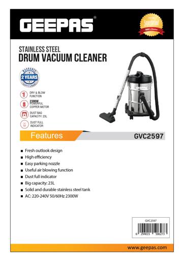 display image 9 for product Geepas GVC2597 2300W 2-in-1 Blow and Dry Vacuum Cleaner - Powerful Copper Motor, 23L Stainless Steel Tank - Dust Full Indicator - 2-Year Warranty