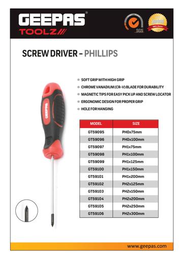 display image 5 for product Geepas Professional Screwdriver (6.5*100Mm) - Phillips, Soft Grip Rubber Insulated Handle