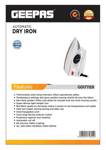 display image 8 for product Geepas GDI7729 1200W Automatic Dry Iron - 60 Micron Teflon Sole Plated, Big fabric guide & Pilot Indicator |Overheat Protection | 2 Years Warranty