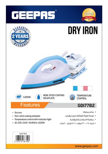 display image 9 for product Geepas GDI7782 1200W Dry Iron - Non-Stick Coating Plate & Adjustable Thermostat Control | Indicator Light with ABS Material | 2 Years Warranty