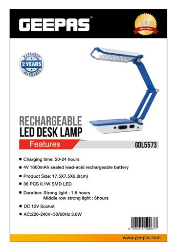 display image 10 for product Geepas GDL5573 Rechargeable LED Desk Lamp - Portable with Flexible Neck | 36 SMD LED with 6 Hours Continuous Working Dc 12V Socket 