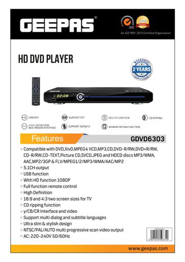 display image 11 for product Geepas GDVD6303 HD DVD Player - Portable Design with Multiple Features & Various Connecting Ports | Ideal to TV Music System & More | 2 Years Warranty
