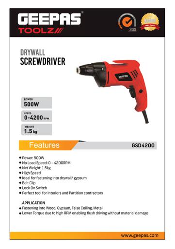 display image 6 for product Geepas Electric Screw Driver 500W - Variable Speed 0 To 4200 Rpm