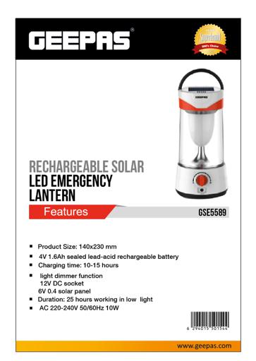 display image 14 for product Geepas GSE5589 Rechargeable Solar LED Lantern - Multi-Functional Camping Emergency Lantern | Solar Lantern, 25 Hours Working| Perfect for Power Outages