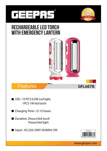 display image 4 for product Geepas Rechargeable Led Torch With Emergency Lantern - Multi-Functional Camping Light With Torch