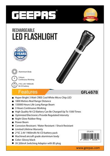 display image 1 for product Geepas Rechargeable Led Flashlight