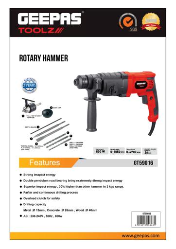 display image 6 for product Geepas 800W Rotary Hammer Electric Drill With Double Pendulum Load Bearing For Superior Impact