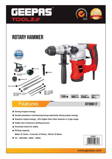 display image 3 for product Geepas 1250W Rotary Hammer Electric Drill With Double Pendulum Load Bearing For 30% More Impact