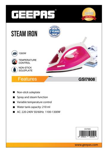 display image 9 for product Geepas 1300W Steam Iron  - Non-Stick Coating Plate & Adjustable Thermostat Control | 210ML Water Tank & Steam Shot for Crease Free Clothes | 2 Years Warranty